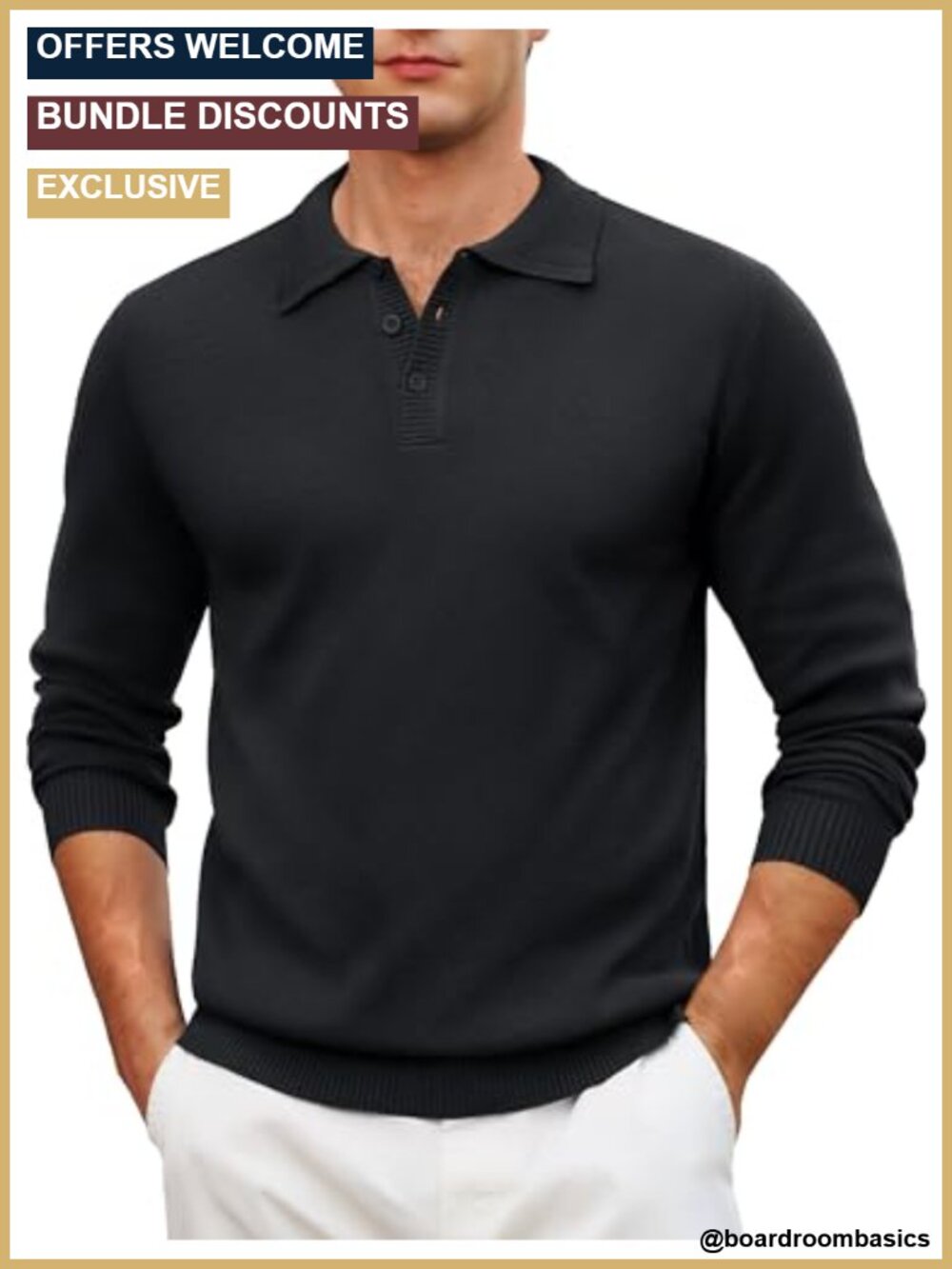 Mens Knit Polo Sweater Long Sleeve Lightweight Pullover Soft Stretch Polyester